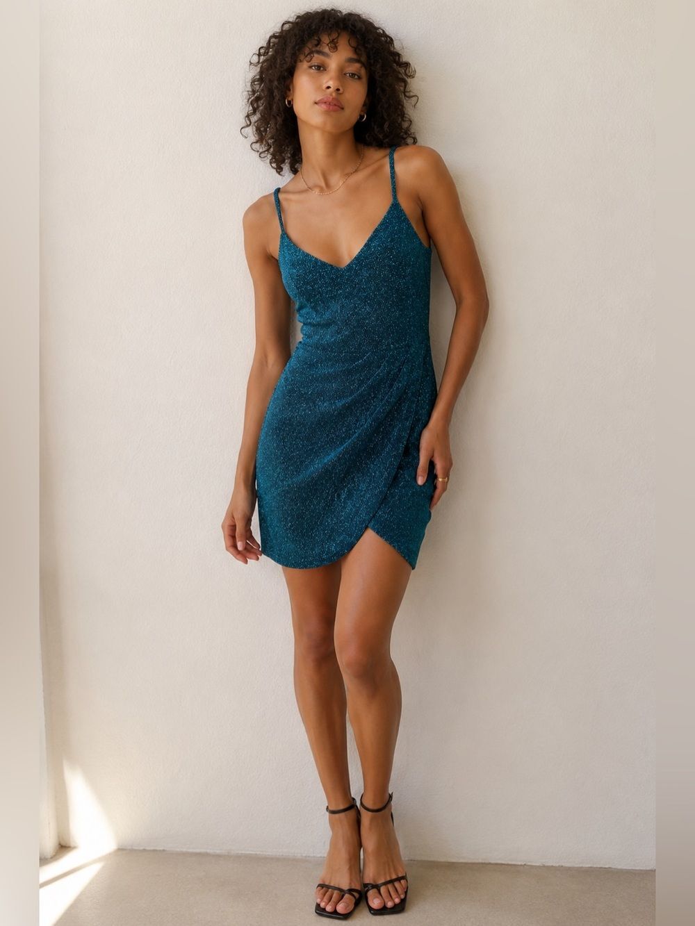 NWT Lulus Teal Metallic Glitter Wrap Bodycon Cocktail Dress Size Small Party Min